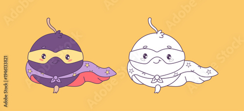 Cute Super Hero Blackcurrant Set. Colored and Outline Cartoon Berry Currant Character with Cape and Mask for Power. Isolated Line drawing, coloring page. Vector illustration. Kids Collection.