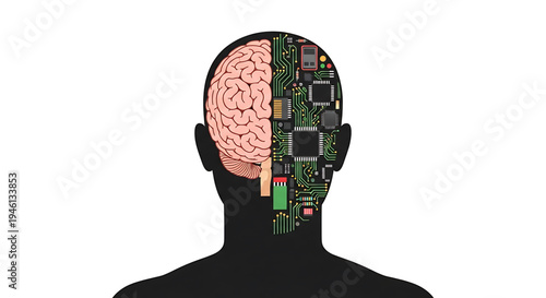 Silhouette A vector graphic illustration of a human head with a brain and circuit board design