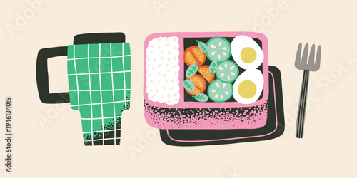 Lunch box with rice, boiled eggs and vegetables. Take healthy food with you. Homemade takeaway snacks.