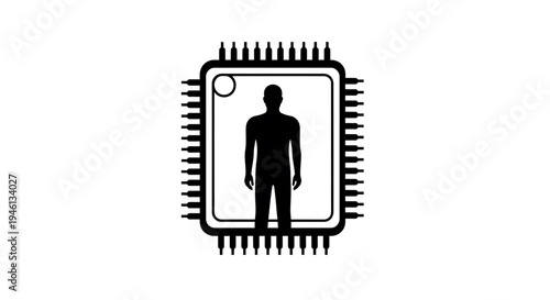 Silhouette A minimalist vector graphic of a human silhouette inside a microchip icon