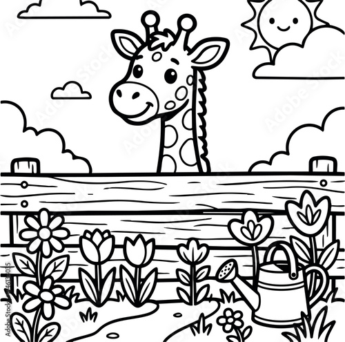 Cute smiling giraffe peeking over wooden fence in garden with flowers watering can sunny sky with clouds vector line art illustration