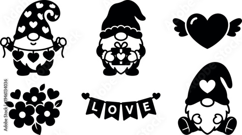 Black and white vector art of romantic gnomes holding heart gifts with love banners and heart wing icons in cute cartoon style