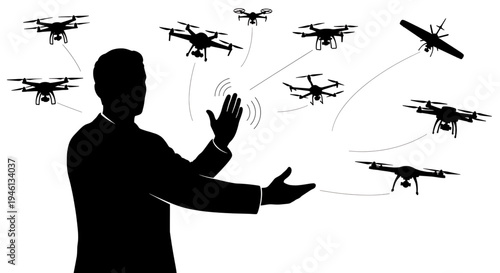 Silhouette A silhouette of a man controlling multiple drones with his hands in a vector graphic illustration.