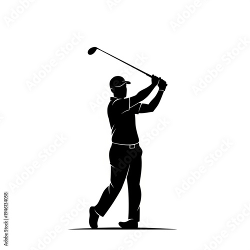 A black silhouette of a golfer swinging a golf club with motion and action
