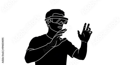 Silhouette A black silhouette of a man wearing virtual reality goggles and interacting with a virtual environment
