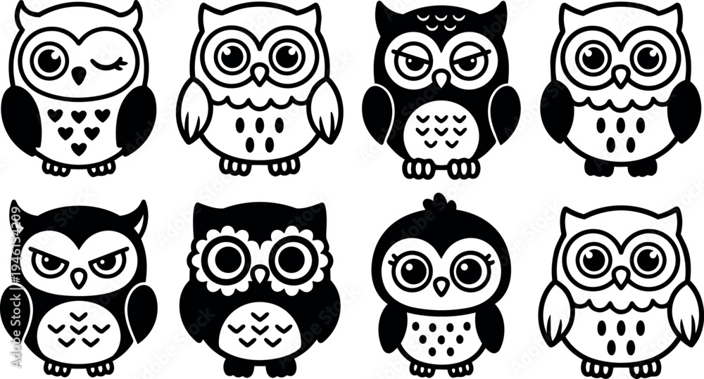 Fototapeta premium Cute charming black and white owl icons set with different eye expressions simple vector art collection