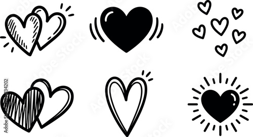 Hand drawn vector illustration of various heart shapes with doodle style lines and decorative accents for romantic themed design