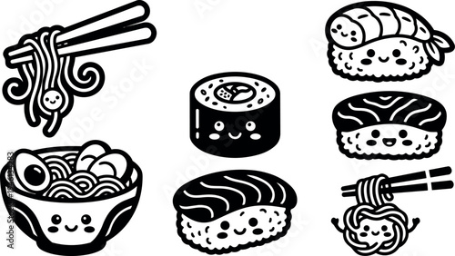 Cute kawaii style smiling sushi and ramen noodles with chopsticks black and white vector illustration icons set