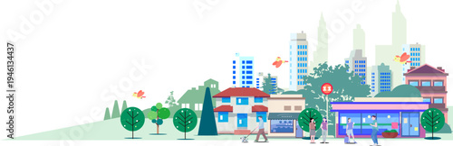 Vector illustration of city street landscape with people lifestyle, panoramic background.