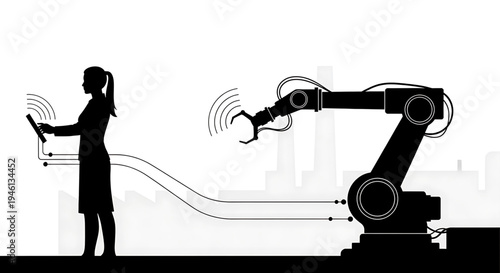 Silhouette A woman controls a robotic arm with a smartphone in a modern industrial setting.