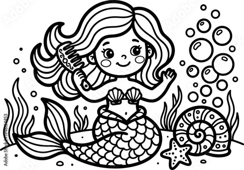 Cute mermaid brushing hair underwater with seashell top and fish tail surrounded by seaweed bubbles starfish and shell vector line art design