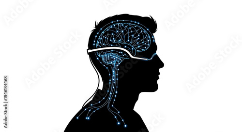 Silhouette A vector graphic illustration of a man's head with a glowing blue neural network and brain connections