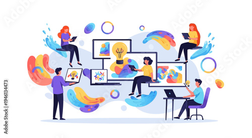 Illustration of a diverse group of Gen Z people engaged in digital creativity and productive collaboration with colorful design elements and innovative ideas on a white background.