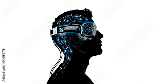 Silhouette A futuristic silhouette of a man wearing virtual reality goggles with glowing blue circuits