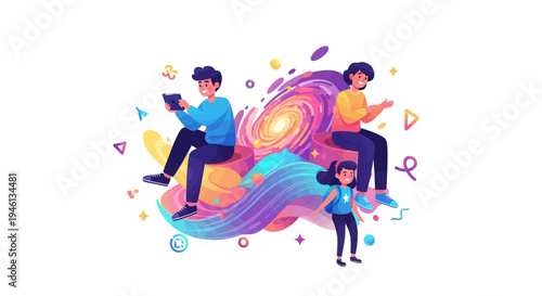 Illustration of a diverse group of young people representing Gen Z digital creativity with colorful design elements and innovative ideas on a vibrant background.