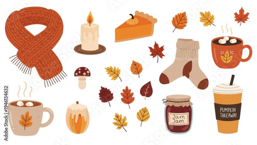 Cozy autumn scene with scarf, socks, coffee, and pumpkin pie surrounded by leaves.