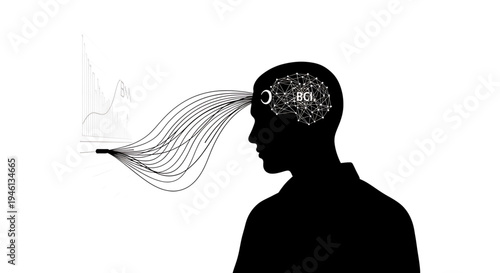 Silhouette A black silhouette of a man with a brain-computer interface BCI concept and neural network connections