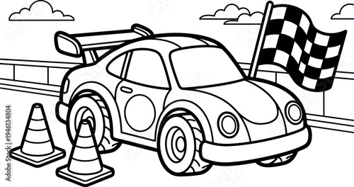 Black and white line art racing car with spoiler cones and checkered flag on racetrack with clouds