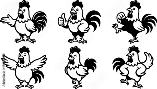 Black and white cartoon style roosters showing various hand gestures with wing expressions set on white background vector art