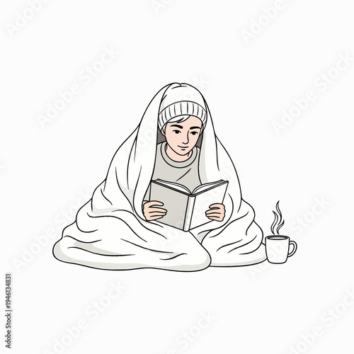 Cozy young person wrapped in a warm blanket, wearing a beanie, enjoying a relaxing read with a hot drink on a cold day. Winter comfort illustration.