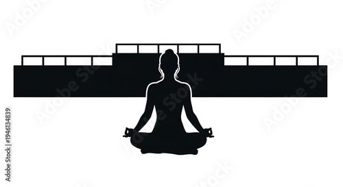 Silhouette A minimalist vector graphic of a woman meditating in a serene urban environment