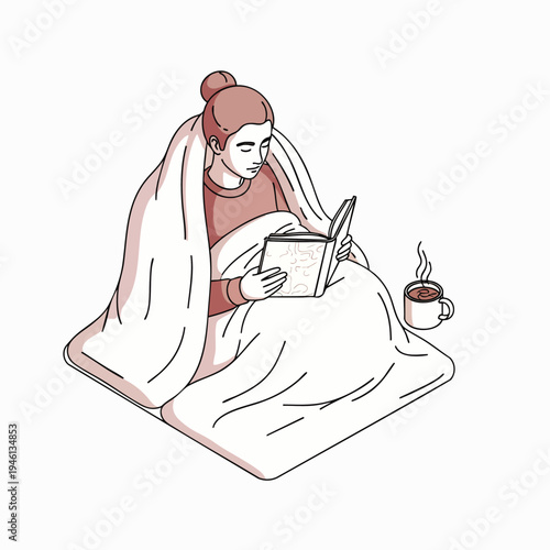 Cozy woman wrapped in a warm blanket, enjoying a good book and a hot beverage, relaxing at home during a cold day, illustrating comfort and self-care.