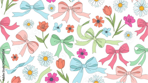 Colorful illustration of bows and flowers scattered on a surface