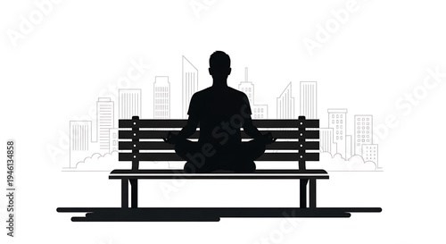 Silhouette A man meditates on a park bench in a city setting in a minimalist vector graphic illustration.