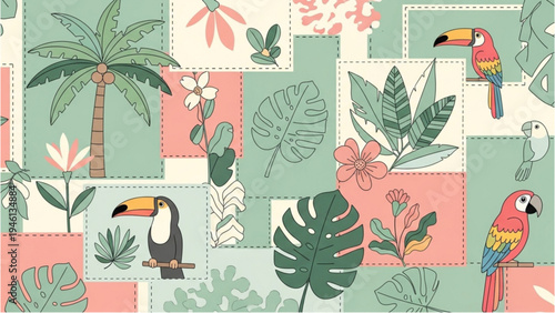 Vibrant tropical birds and lush foliage in a colorful patchwork setting outdoors