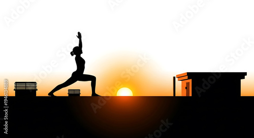 Silhouette A woman practicing yoga in a serene outdoor setting at sunset with a peaceful atmosphere