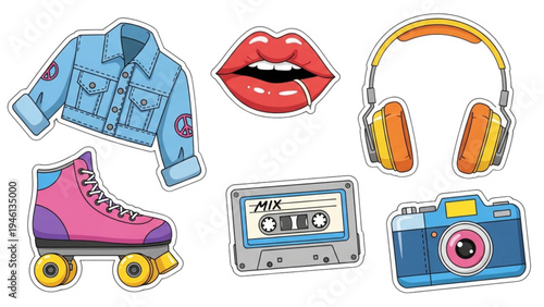 Retro styled accessories and gadgets arranged on white background