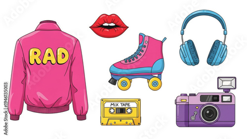Retro items including jacket with RAD text, lipstick, roller skate, headphones, cassette, and camera are placed together.