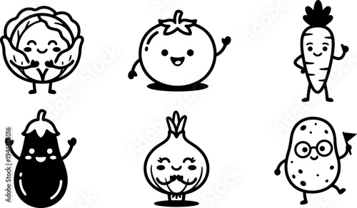 Cute kawaii style smiling vegetable characters cabbage tomato carrot eggplant onion and potato waving arms friendly line art