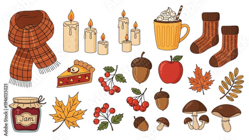 Autumn scene with scarf, candles, and seasonal items on a table indoors.