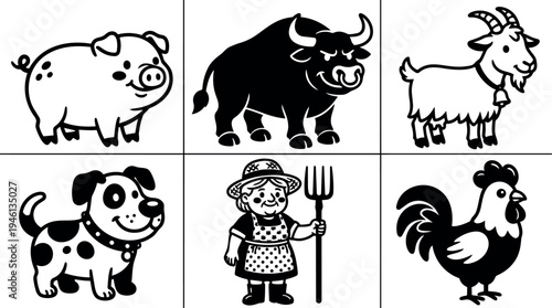 Black and white vector art farm animals and farmer woman holding pitchfork smiling happy illustration collection set