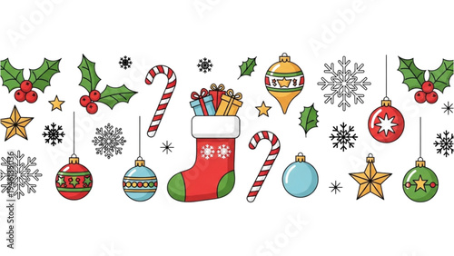 Christmas decorations hang on a wall with a stocking full of gifts