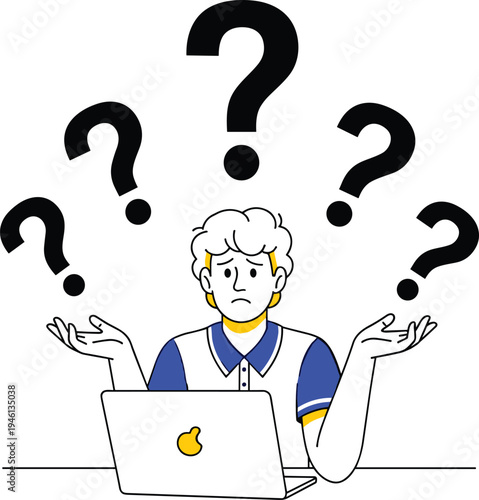 Confused man with question marks surrounding his head while using a laptop