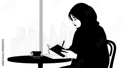 Silhouette A woman sits at a table by a window, writing in a notebook with a cup of coffee nearby, in a minimalist black silhouette.