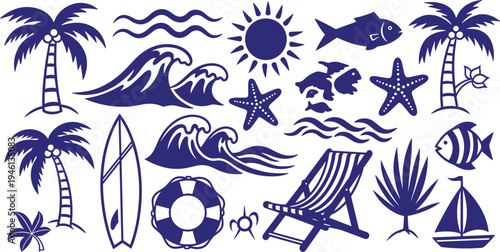 Beach vacation icons and symbols