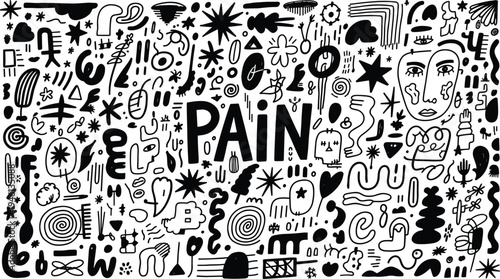 Doodle art illustration of pain with various symbols