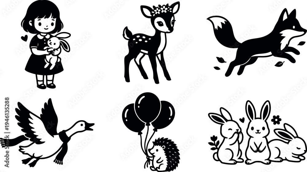 Obraz premium Cute girl hugging bunny deer with flower crown fox running flying goose hedgehog holding balloons group of rabbits vector art