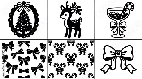 Black and white christmas collection with decorated tree reindeer candy cane bows vector icons and festive patterns in flat design style