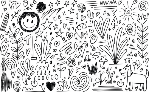 A child's whimsical doodle page filled with various shapes and symbols