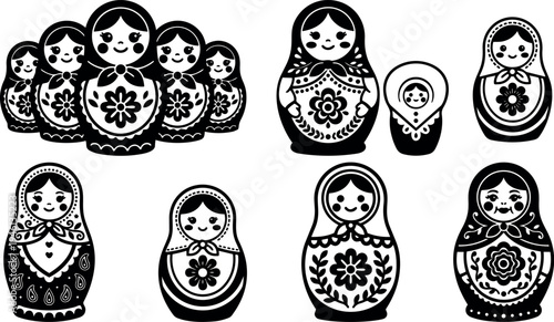 Black and white vector art set of traditional russian nesting dolls with floral patterns and smiling faces isolated on white background