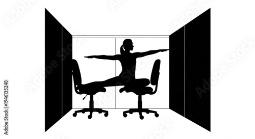 Silhouette A woman in a yoga pose between two office chairs in a cubicle