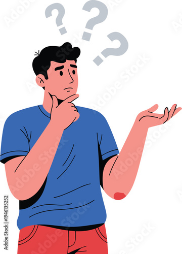 A man with a puzzled expression and question marks above his head