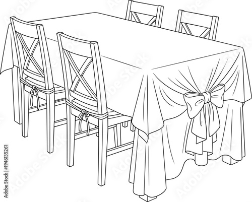 A black and white sketch of a dining table with chairs