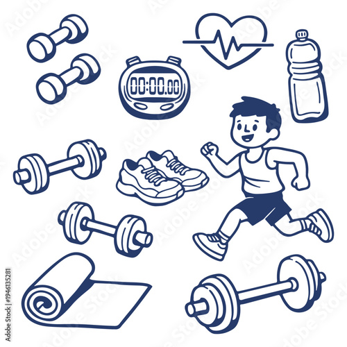 Fitness doodle set with running boy, dumbbells, sneakers, stopwatch, heart pulse and water bottle. Hand drawn vector sport icons collection for workout design.