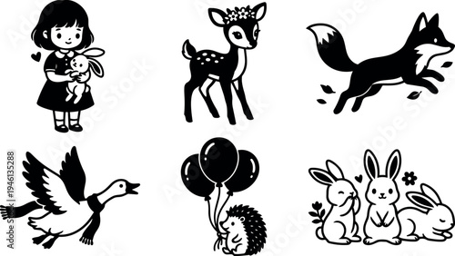 Cute girl hugging bunny deer with flower crown fox running flying goose hedgehog holding balloons group of rabbits vector art