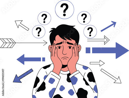 Overwhelmed man with question marks and arrows
